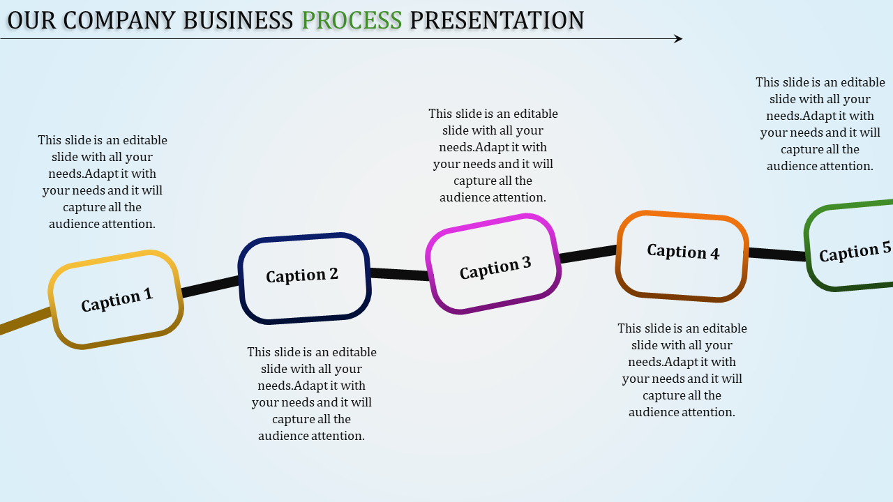 Process timeline featuring five tilted boxes labeled each in distinct colors, on a blue gradient background.