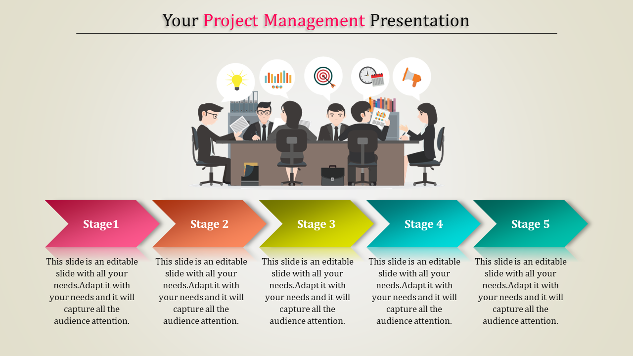 Project management slide with five stages and text represented by colorful arrows and an office teamwork illustration.