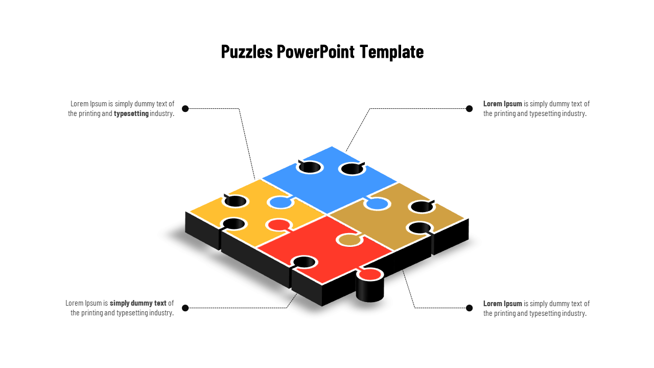 A puzzle PowerPoint template with four colorful puzzle pieces, each with a caption displaying placeholder text.