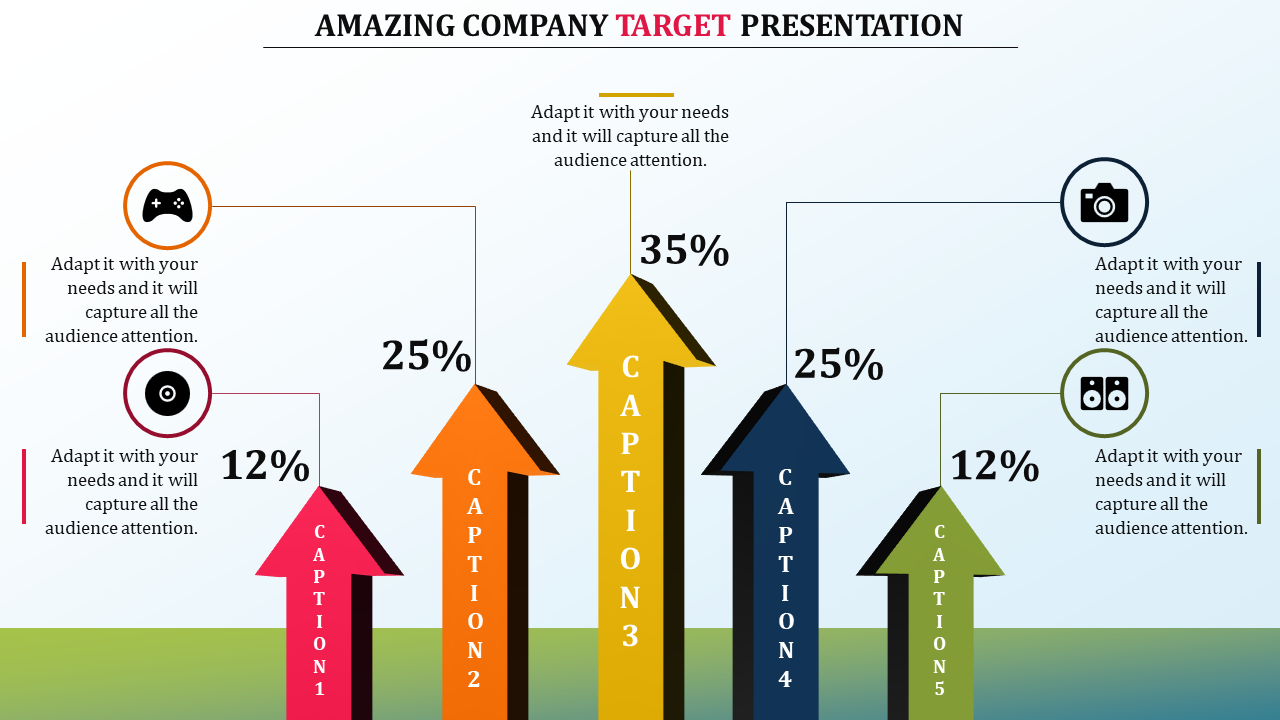 Five colorful arrows pointing upwards with percentages and icons aligned above, symbolizing growth and target objectives.