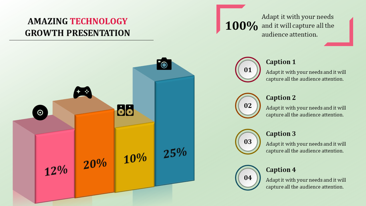 A growth PPT slide featuring four colorful bar charts with percentages, each accompanied by an icon.