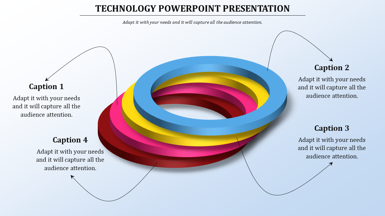 Technology-themed 3D infographic showing stacked circular layers in blue, yellow, pink, and red with captions around.