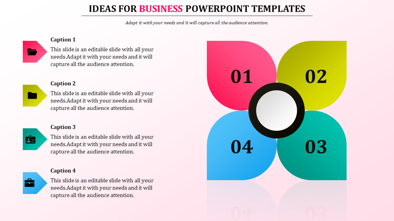 A colorful PowerPoint slide showing four sections, each with a numbered circle and unique icons on a pink backdrop.