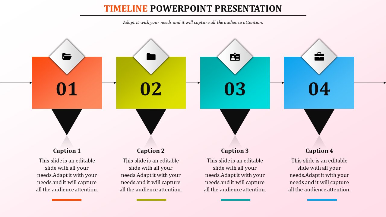 Timeline slide with four numbered steps in orange, yellow, teal, and blue squares, each paired with icons and descriptions.