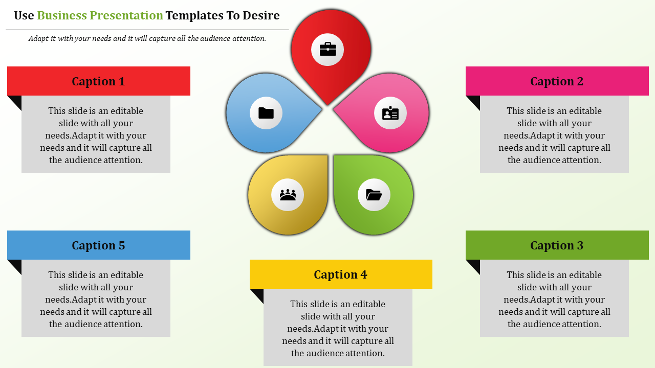 Five petal infographic in red, blue, yellow, green, and pink, with icons, surrounded by labeled captions in matching colors.