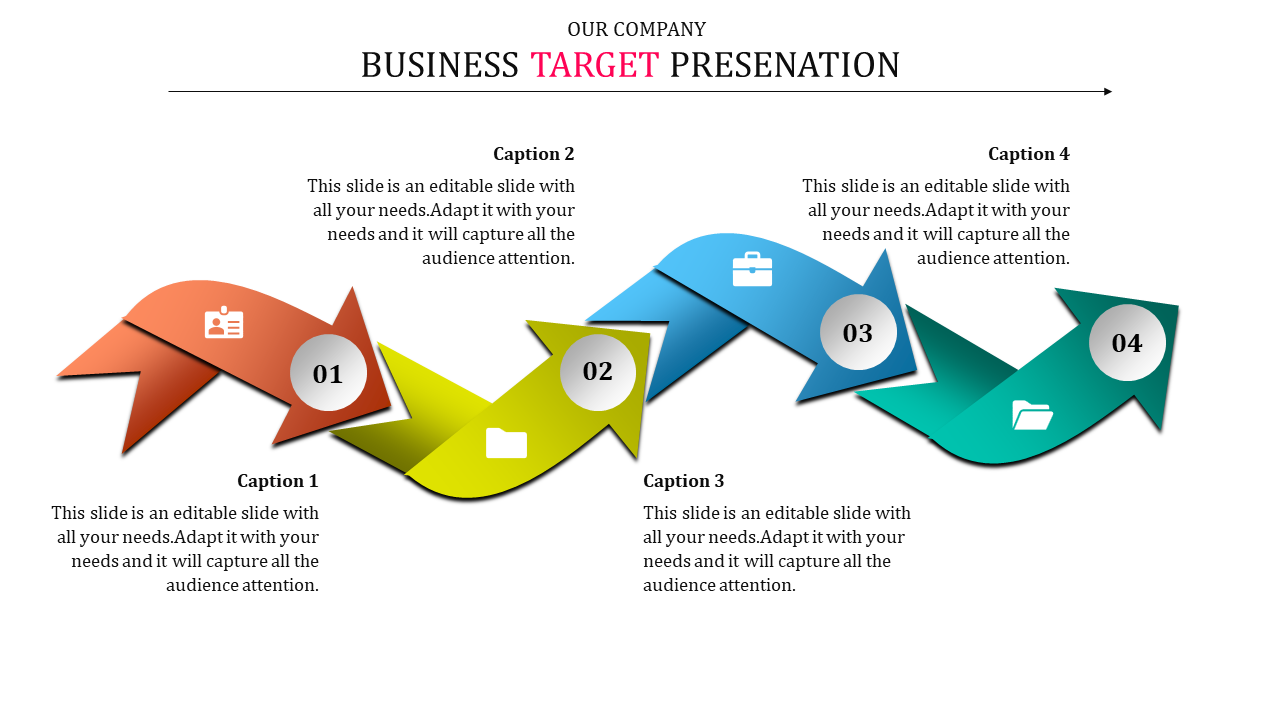 Business target infographic with four numbered arrows, each in different colors and showing icons for ID, folder, and briefcase.