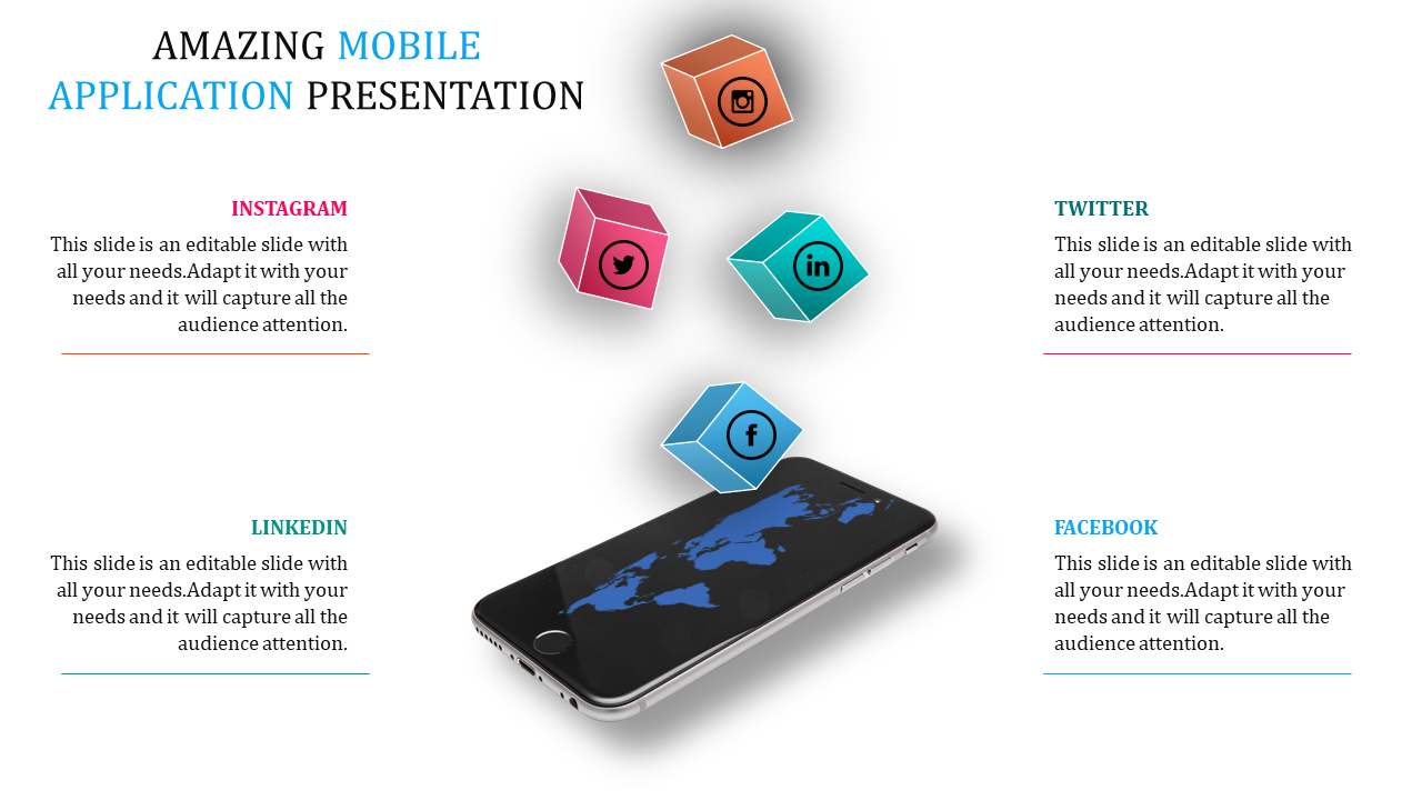 Slide featuring a phone displaying a map and four floating colorful cubes with social media icons and captions.