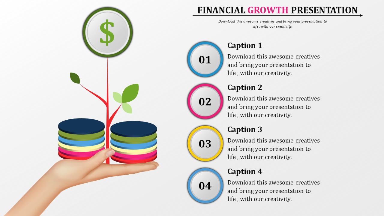 Hand holding stacked coins with a plant sprouting and a green dollar symbol, and four numbered captions on the right.