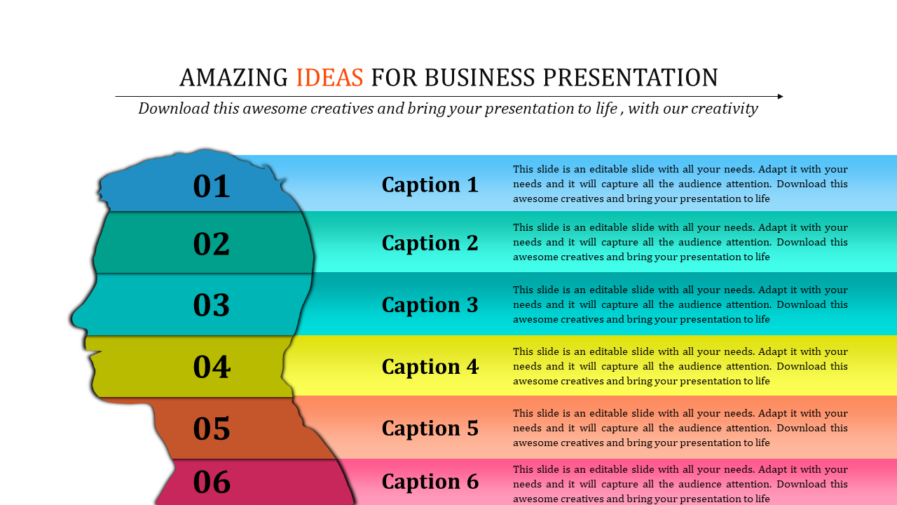 A business PowerPoint ideas slide showcasing a layered design with numbered sections, each with space for captions.