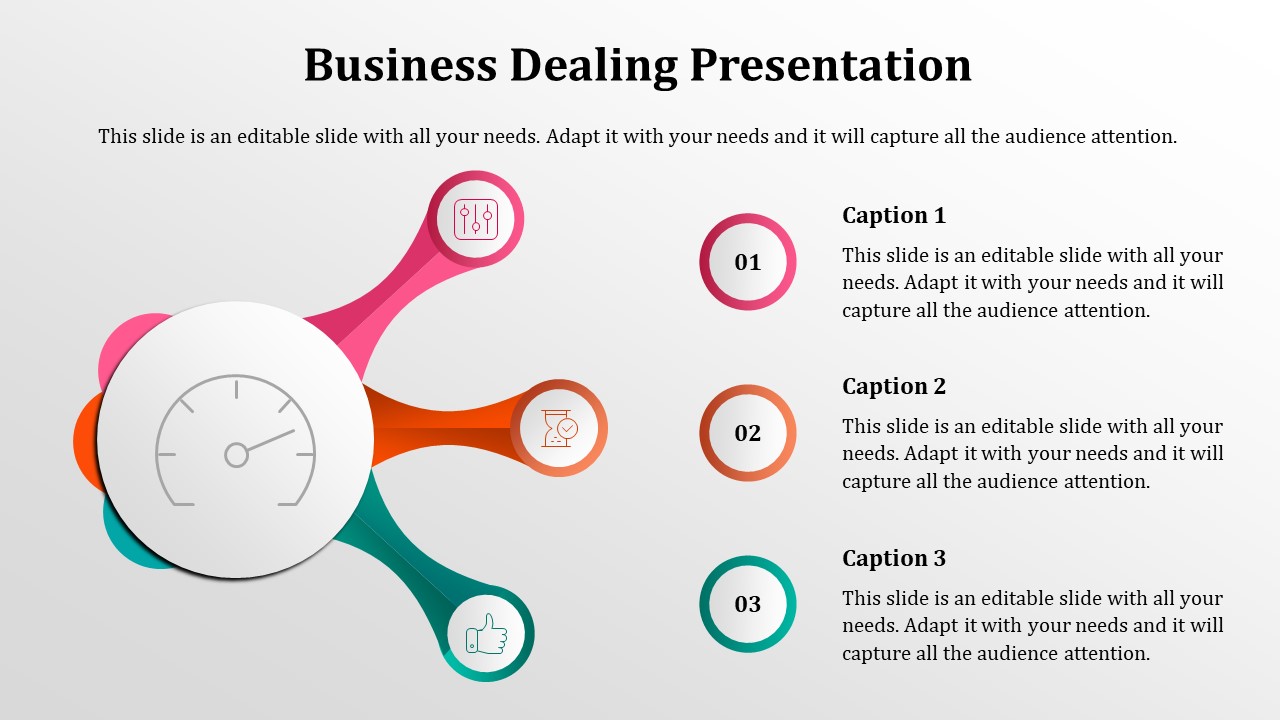 A PowerPoint template for business dealing presentations featuring icons with captions.