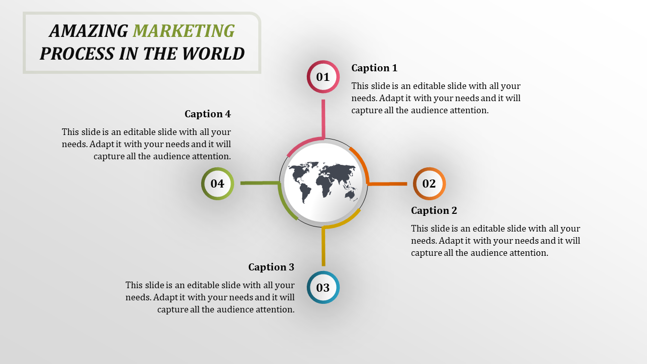 A colorful marketing process PowerPoint slide with captions and icons, featuring a world map in the center.