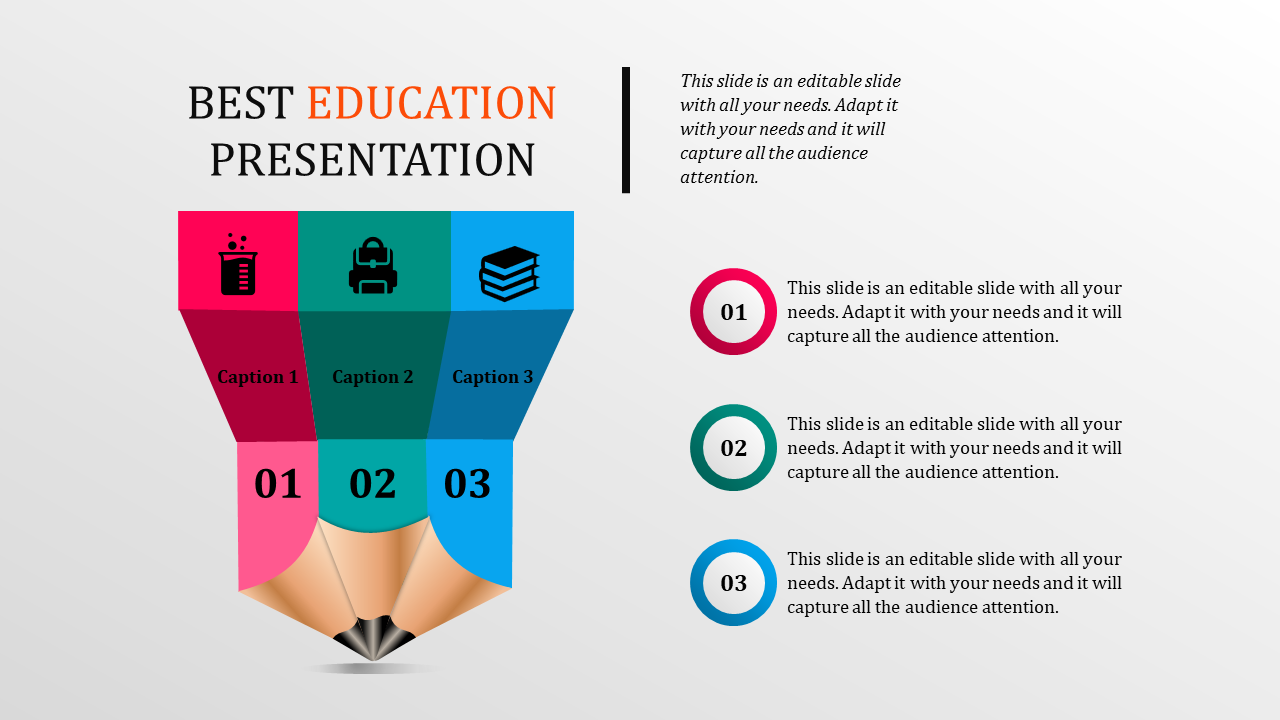 A colorful education PowerPoint template featuring three sections with icons and titles, shaped like a pencil.