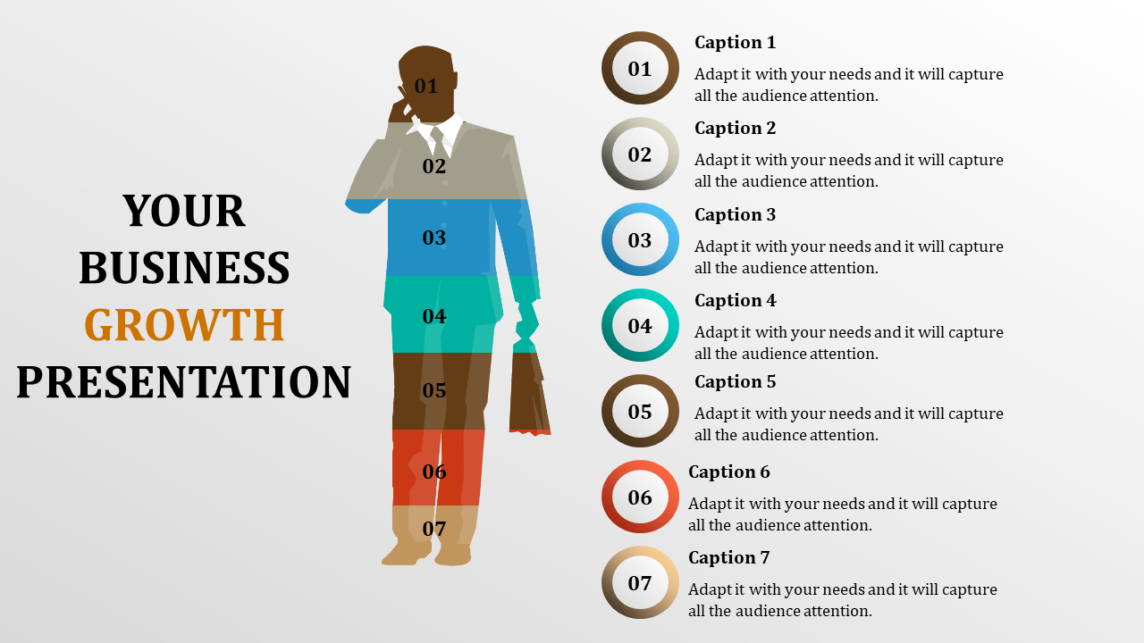 Business growth infographic showing a color-segmented silhouette with seven numbered captions from head to feet.