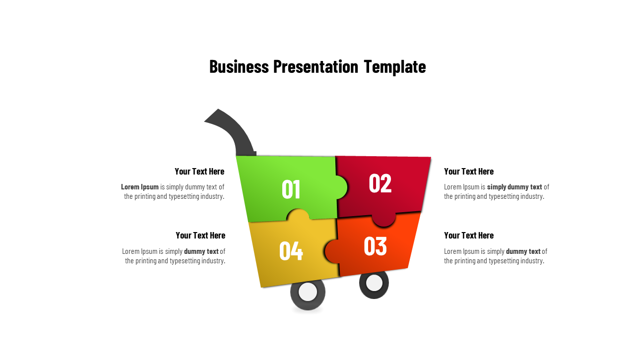 A business presentation slide design with a cart and four numbered sections, each with space for content.