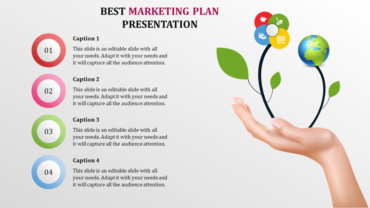 Best marketing plan template with four numbered circles and icons, growing from a hand with leaves.