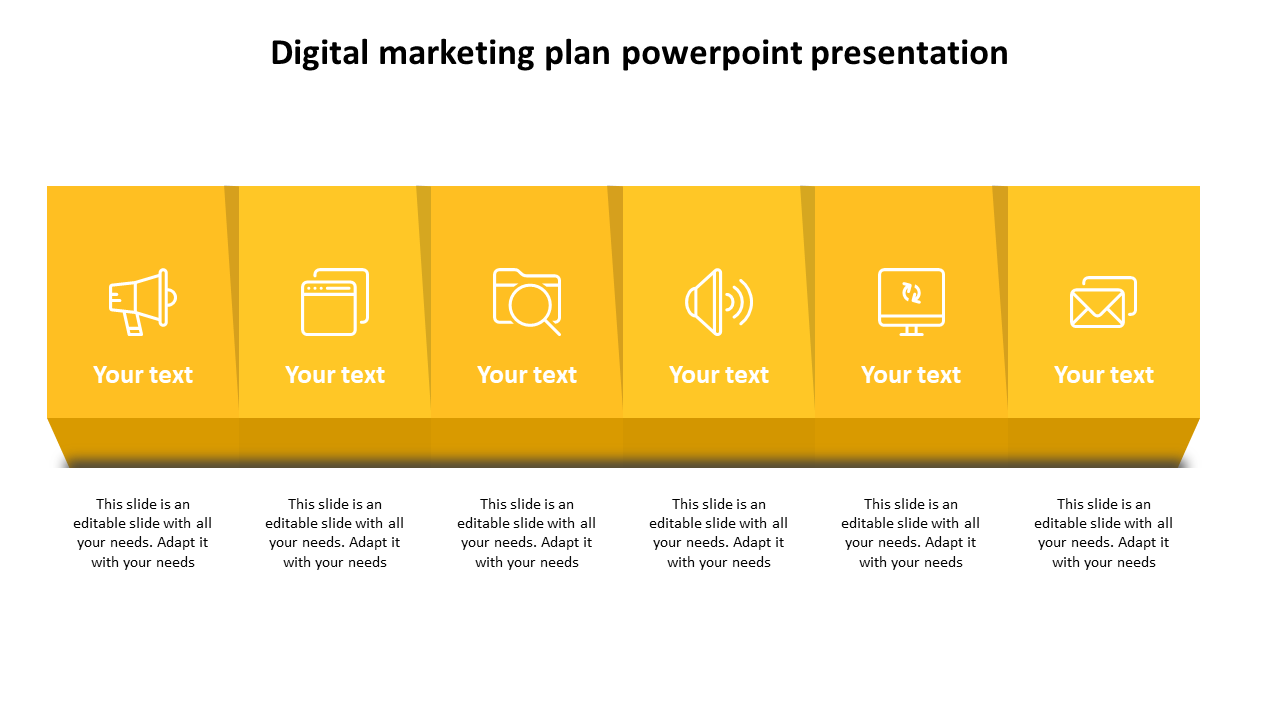 Digital marketing plan PowerPoint slide with six yellow 3D blocks, each representing a different icon with placeholder text.