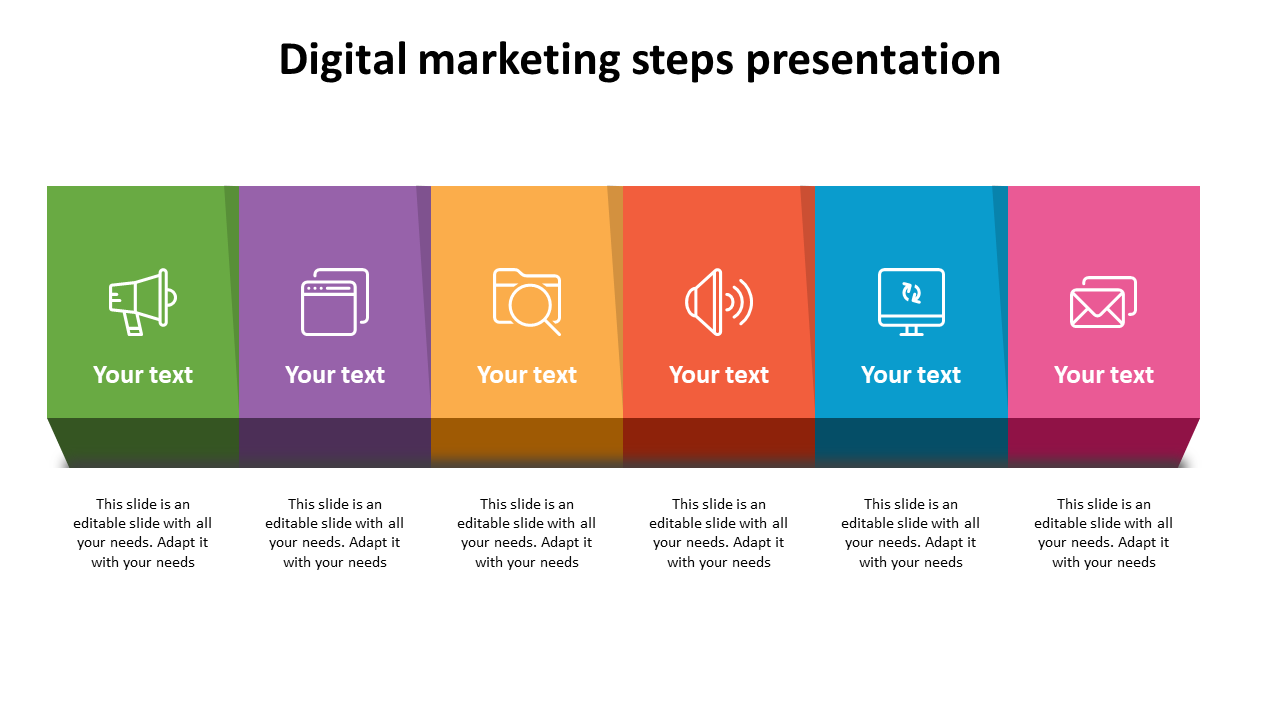 Digital marketing steps presentation with six colorful blocks, each containing an icon and placeholder area.