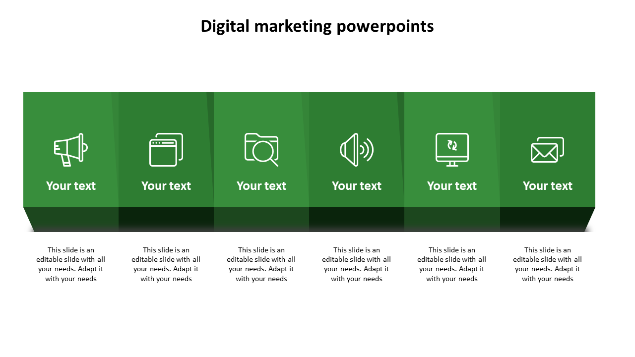 Digital marketing plan PowerPoint slide with six green 3D blocks, each representing a different icon with placeholder text.