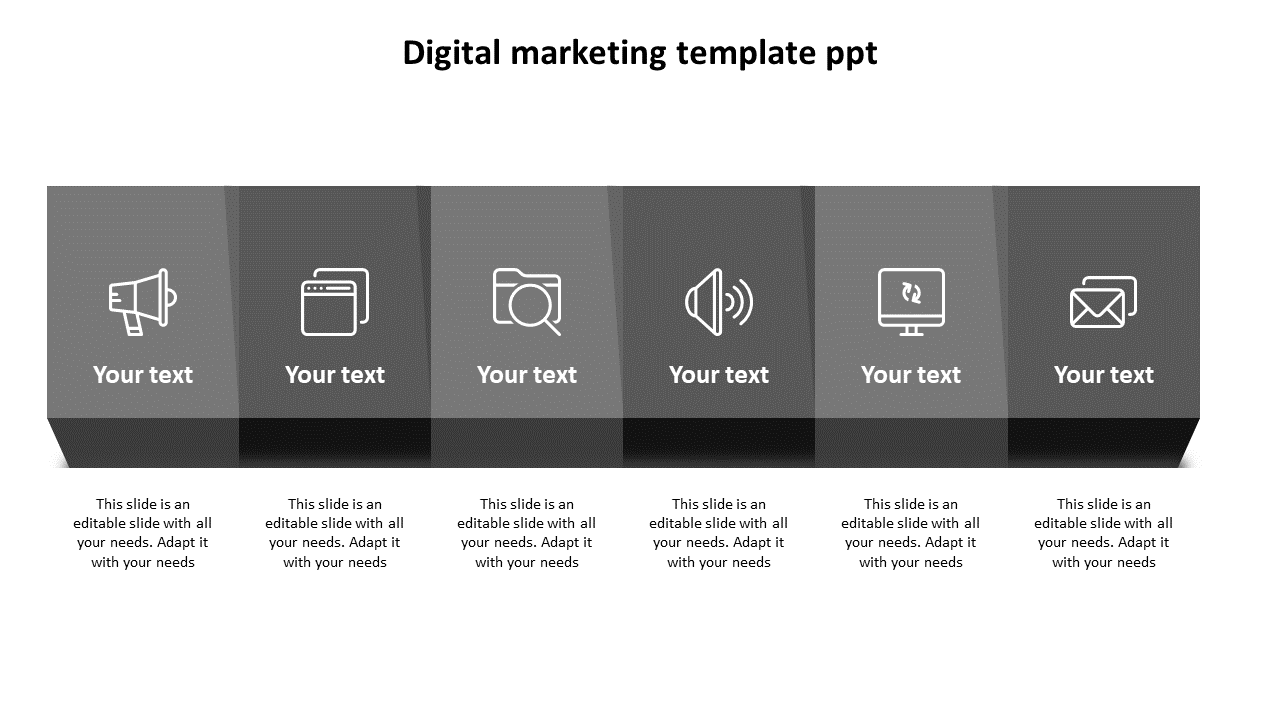 Modern gray layout with six blocks, each featuring an icon related to digital marketing and text space below.