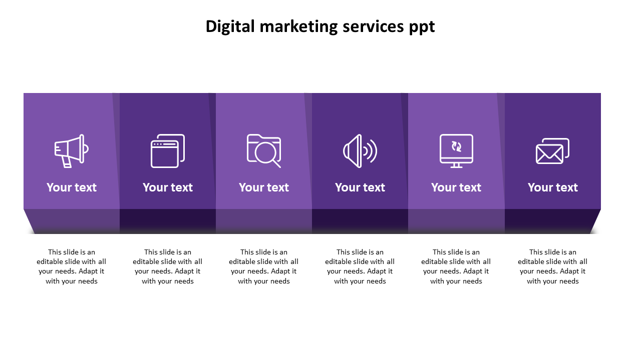 Digital marketing services PowerPoint template showcasing five sections with icons and placeholder text on a purple theme.