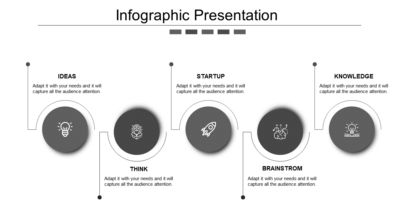 Infographic slide featuring four gray circular icons from Ideas to Knowledge, aligned horizontally with captions.