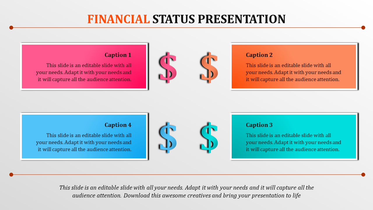 Financial slide with four colorful boxes in pink, orange, blue, and teal, each paired with dollar icons.