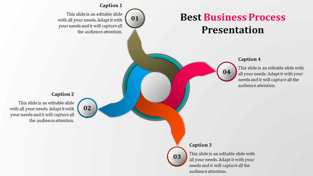 Business process PowerPoint slide with four sections and captions, each connected by colorful arrows.