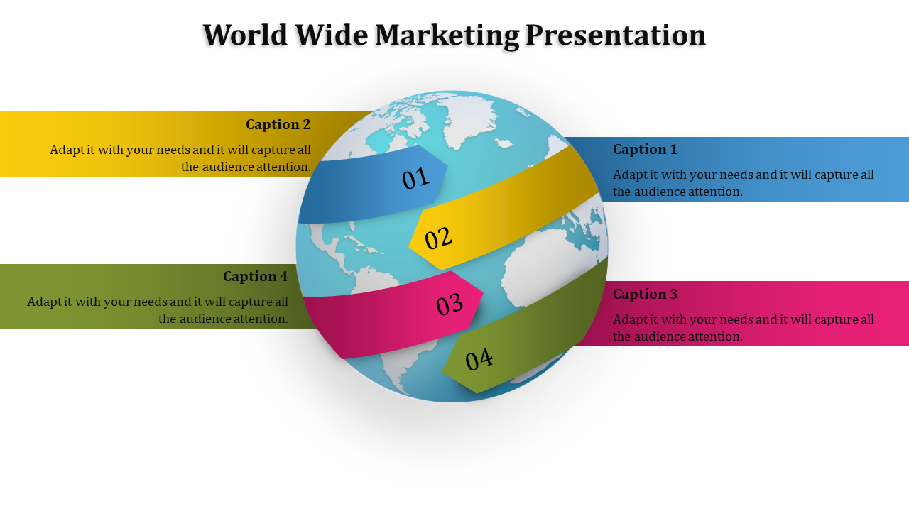 Marketing slide showing a 3D globe wrapped with ribbons in blue, yellow, pink, and green, labeled 01 to 04.