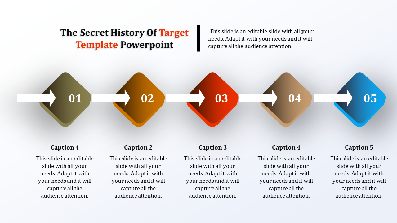 Colorful Target arrow slide with five captions and placeholder text.