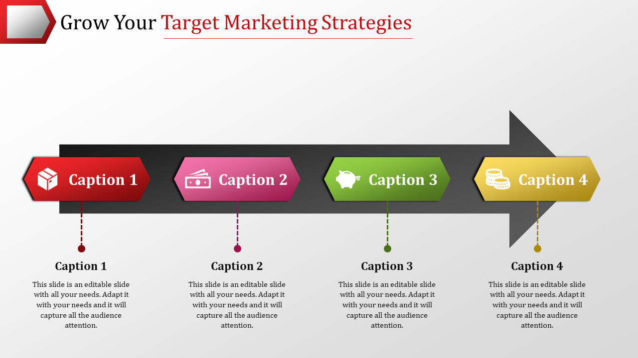 Infographic with four colored arrows in red, pink, green, and yellow, representing target marketing strategies.