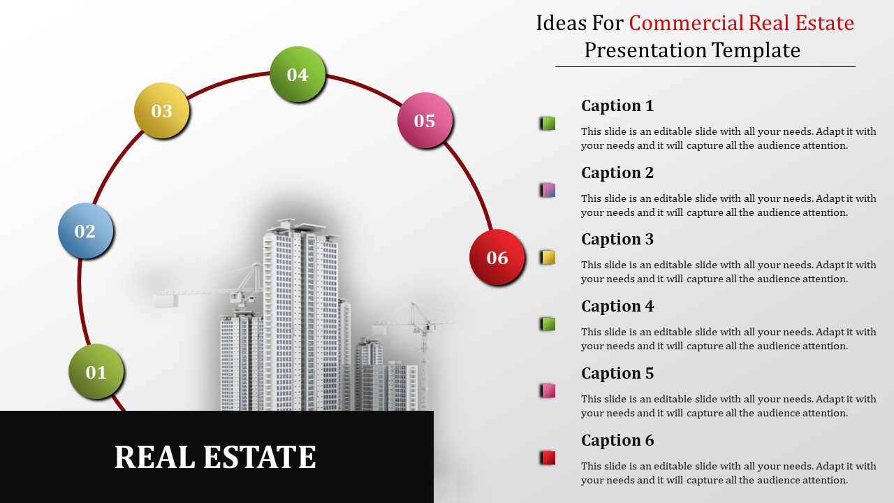 A colorful real estate slide with numbered circles and caption areas centered on an image of construction buildings.