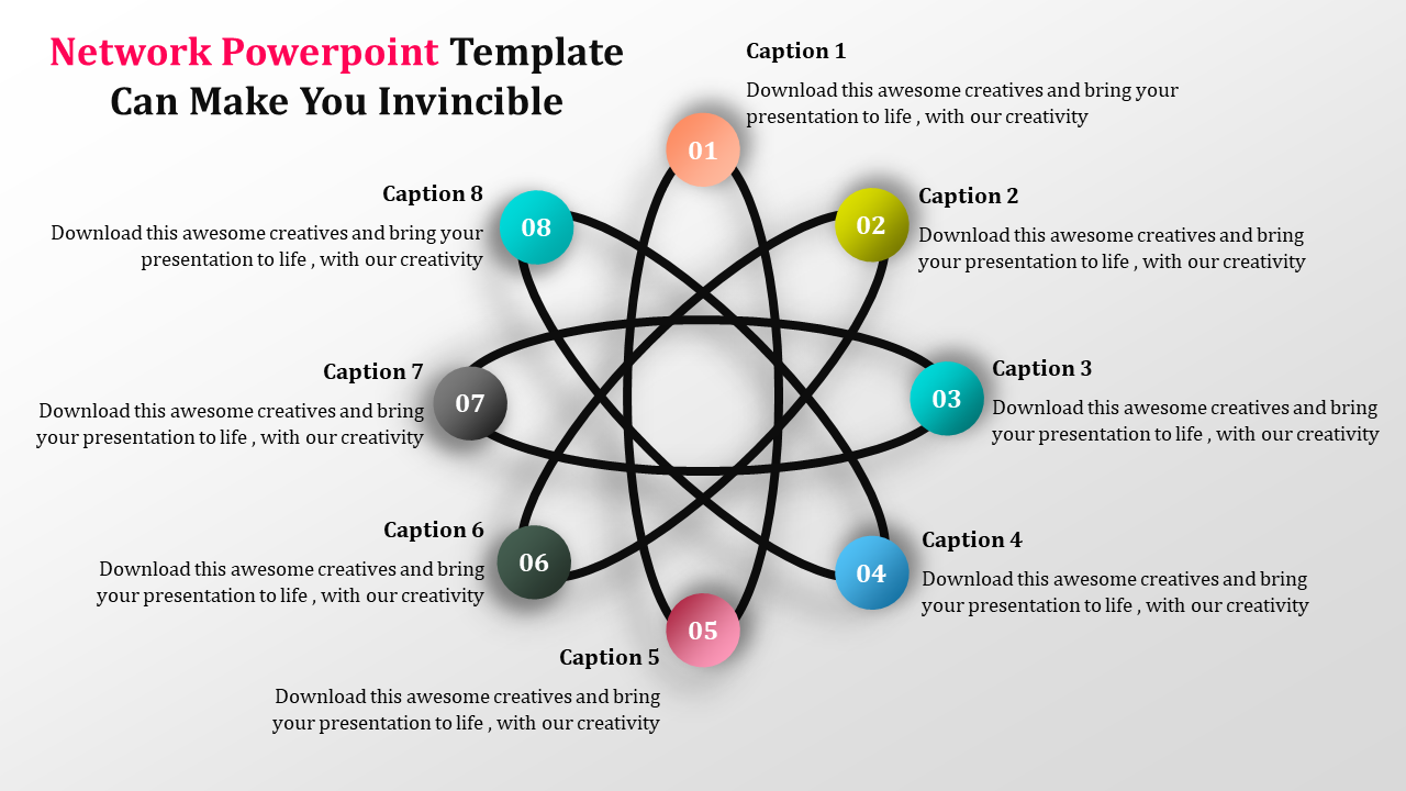 Network diagram slide with interconnected nodes, each containing numbered captions, symbolizing connectivity and creativity.