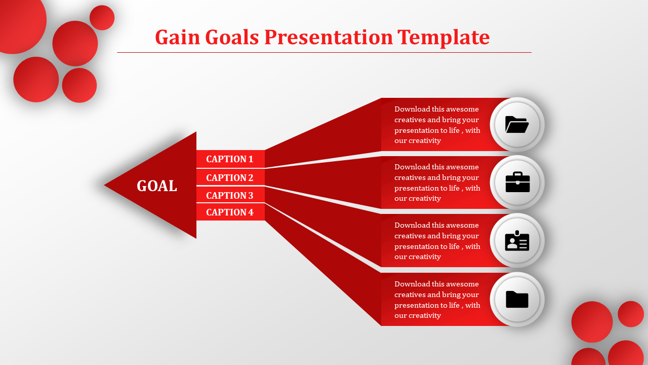 Red horizontal goal diagram with four labeled sections, icons for file, briefcase, people, and folder on the right.