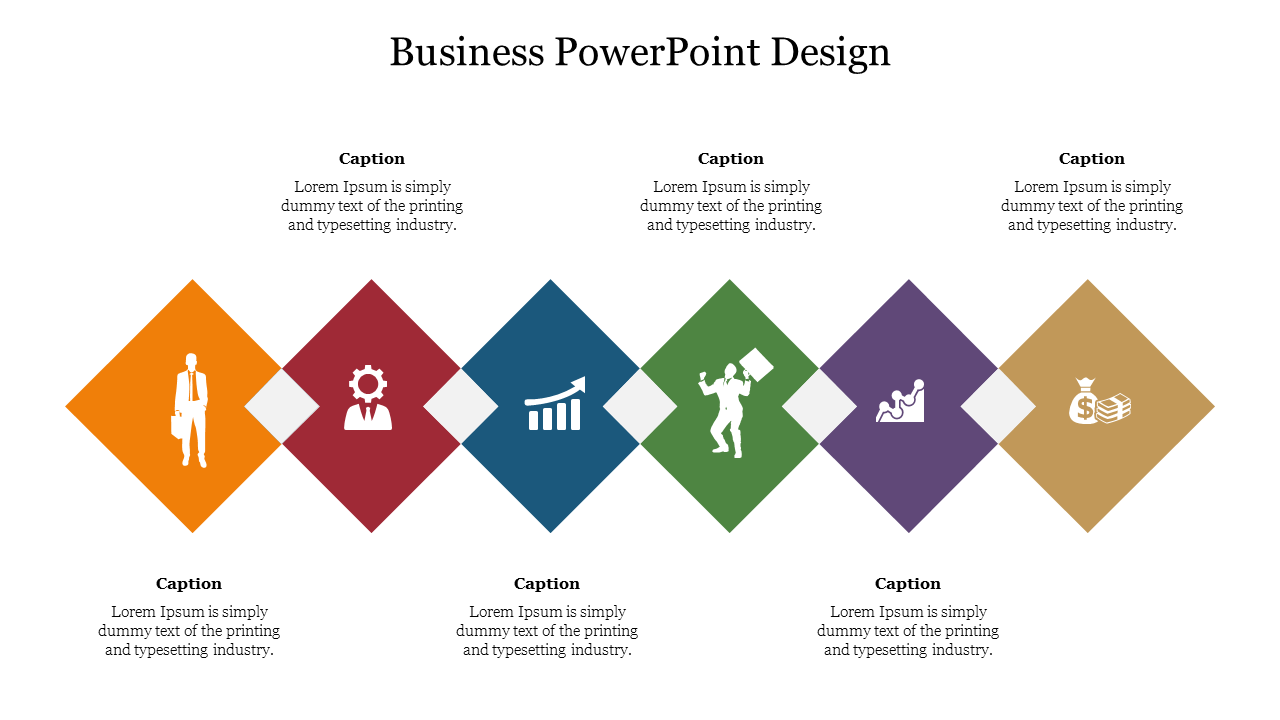 Horizontal sequence of five colored diamonds with business icons employee, settings, graph, growth, and money bag.