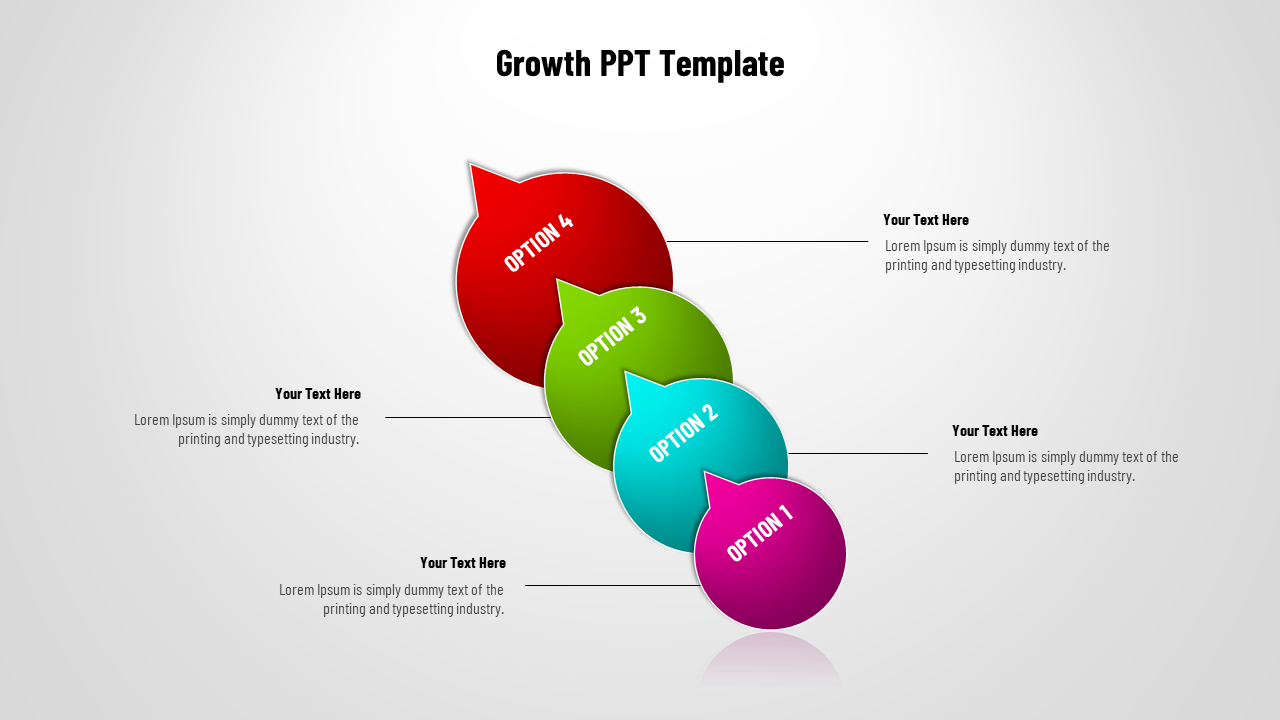 Growth diagram with red, green, blue, and pink bubbles labeled Option 1 to 4, connected with placeholder text areas.