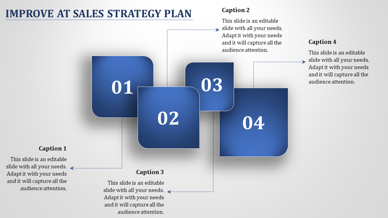 Sales strategy infographic with four numbered blue boxes (01-04) linked to captions via dotted directional arrows.