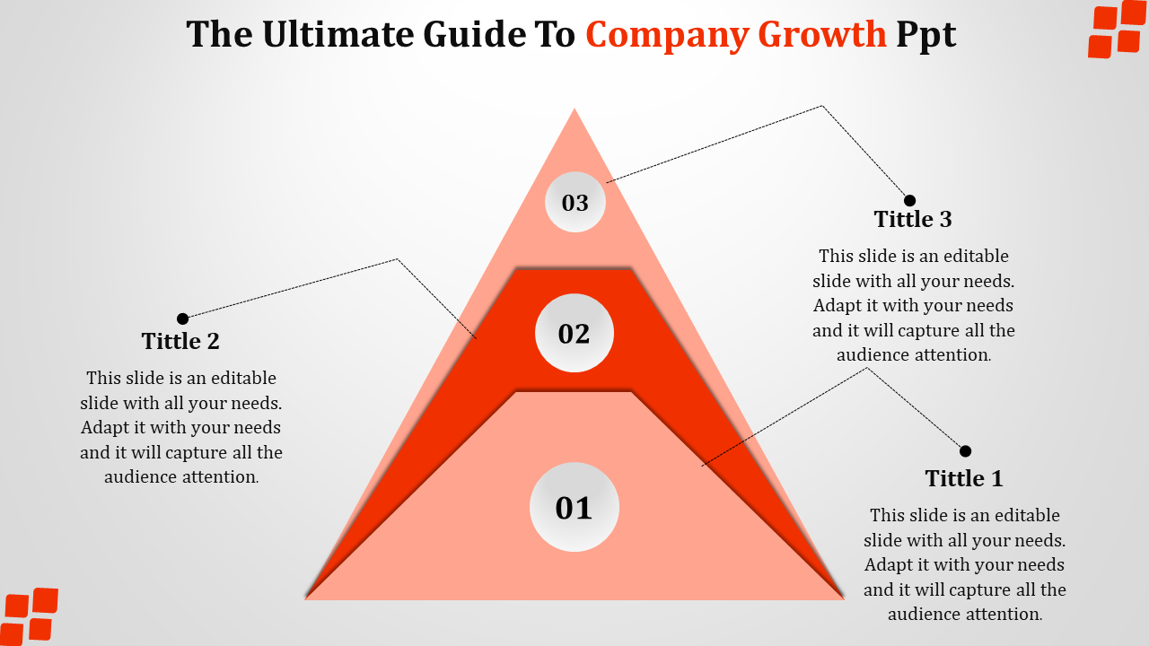 Company growth PowerPoint slide featuring a triangular graphic with three levels, each labeled with a title and description.