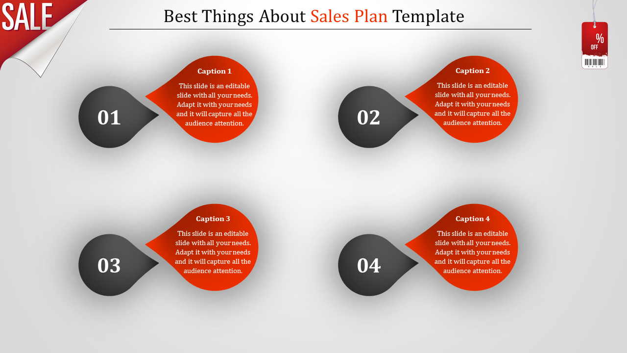 PowerPoint slide featuring a sales plan with four steps, each labeled with a number and caption.