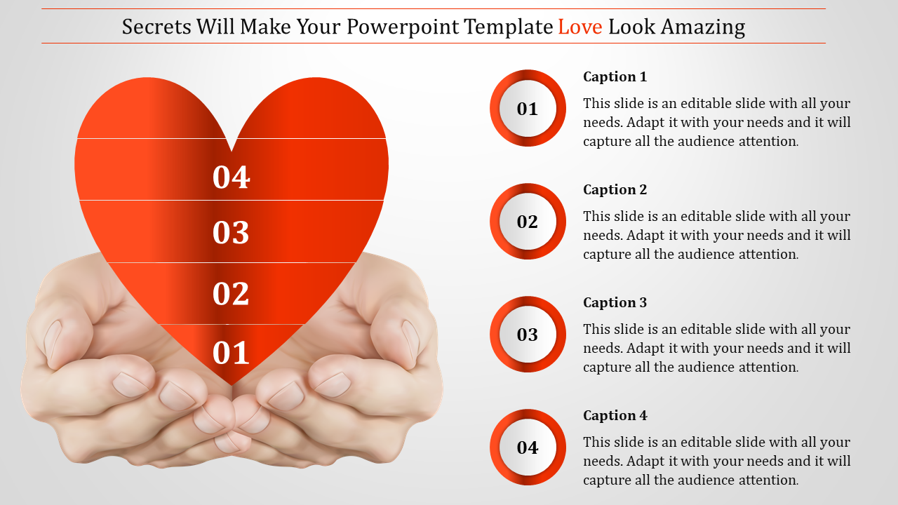 Hands holding a layered red heart with numbered sections, paired with four corresponding captions on the right.