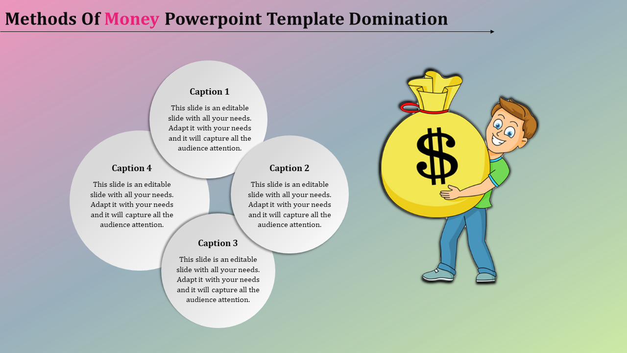 Gradient themed slide with cartoon-style illustration of a boy holding a big yellow money bag and four caption areas.