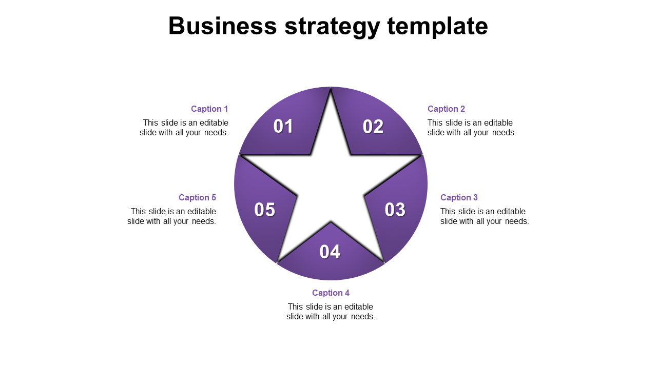 A star shaped business strategy template with five sections, each representing different steps or elements of a strategy.