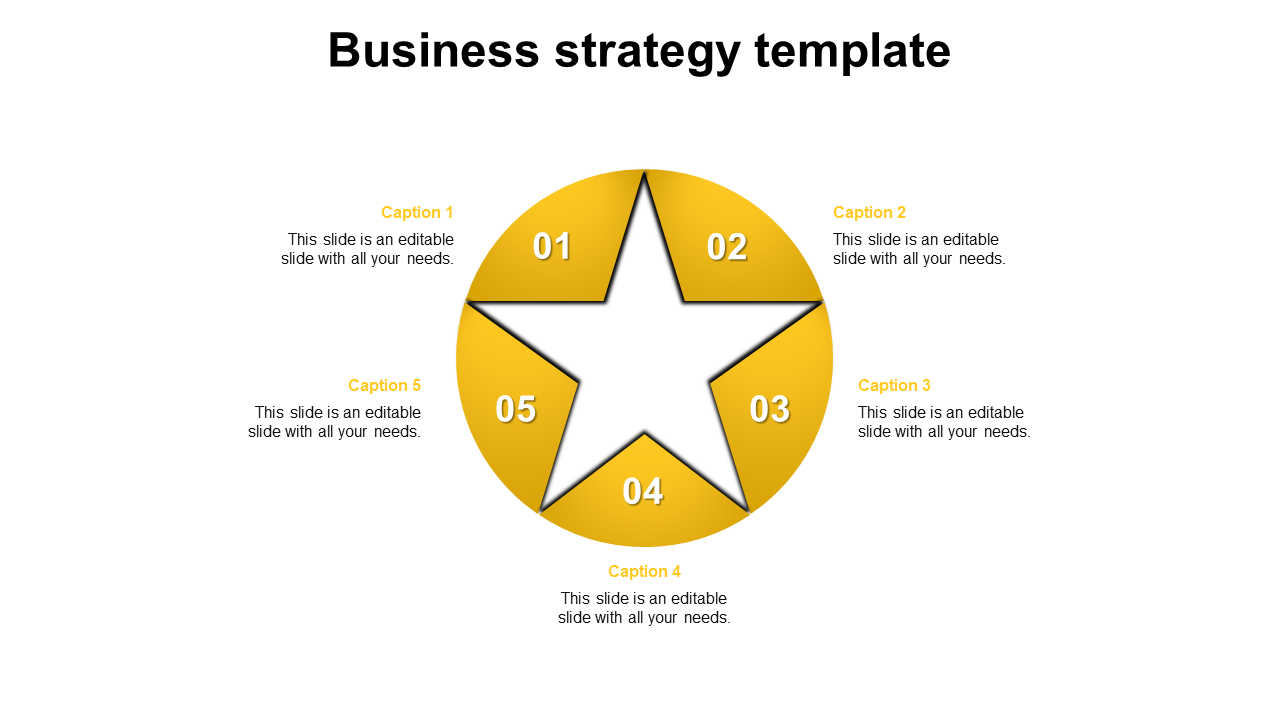 Business strategy template featuring a star shape divided into five numbered sections, each with captions.