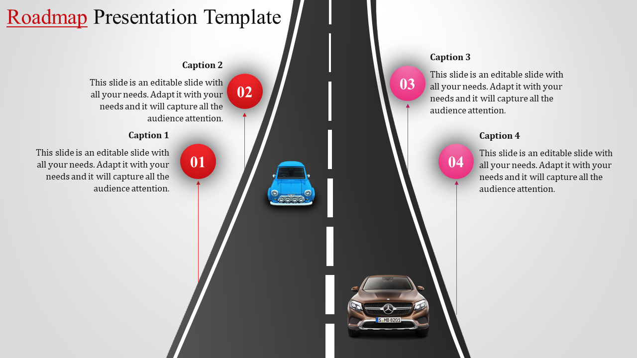 Roadmap template with a split highway, featuring two cars and four numbered caption areas.