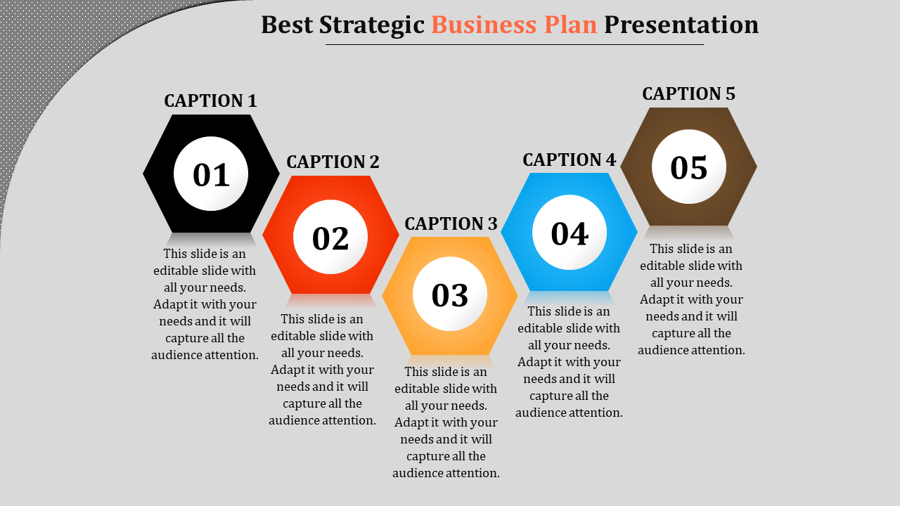 A slide with five numbered hexagons, each representing different strategic business plan elements, with captions.