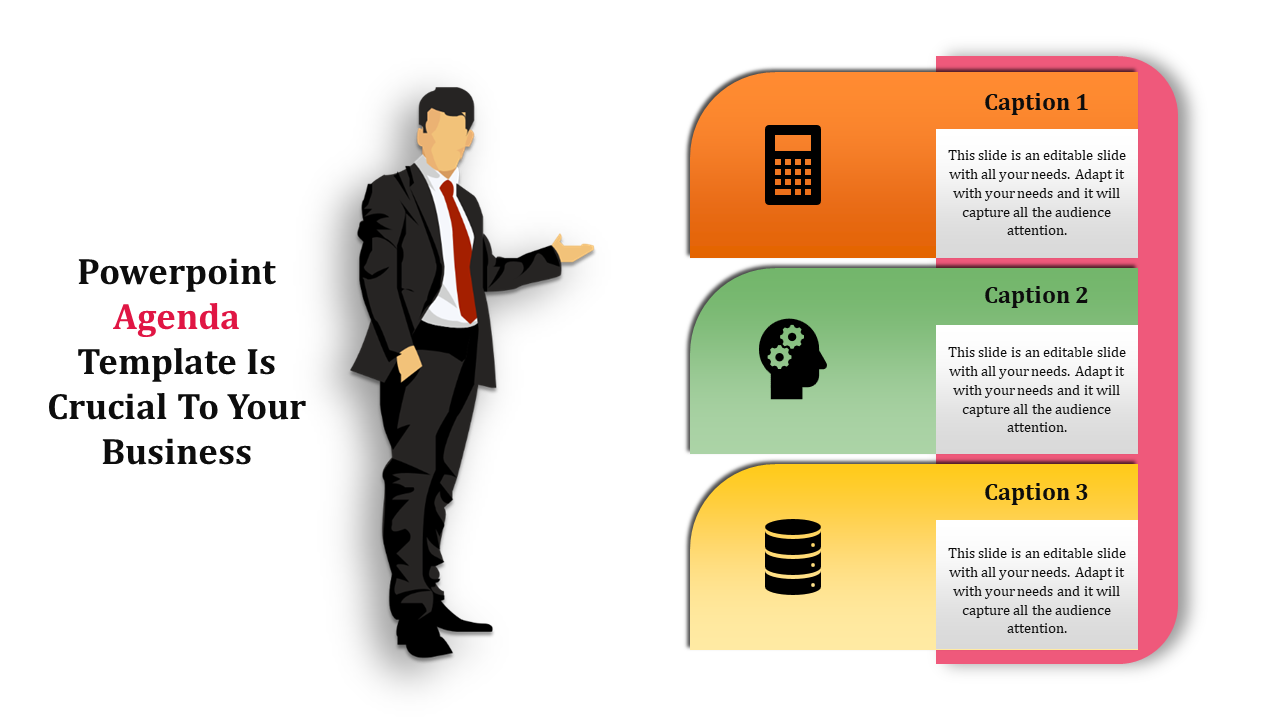 Agenda slide featuring a businessman with three sections finance, strategy, and data management, each with icons.