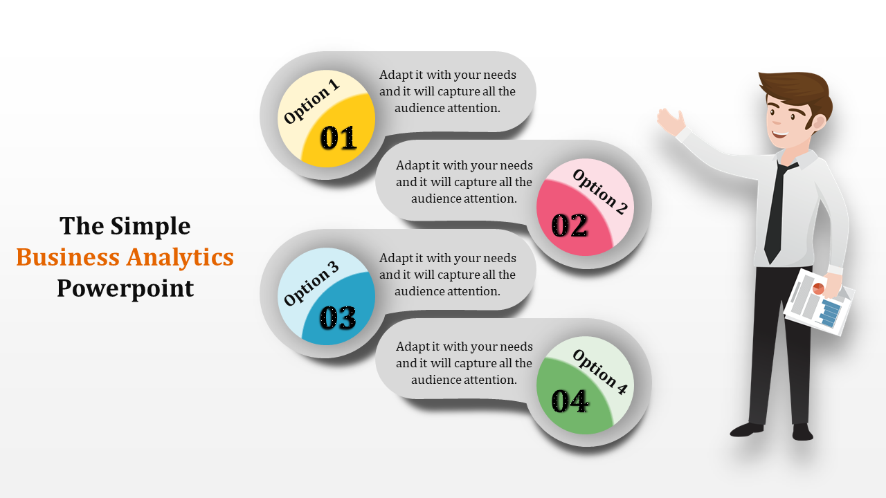 Simple Business analytics slide showcasing four numbered options alongside a presenter graphic.