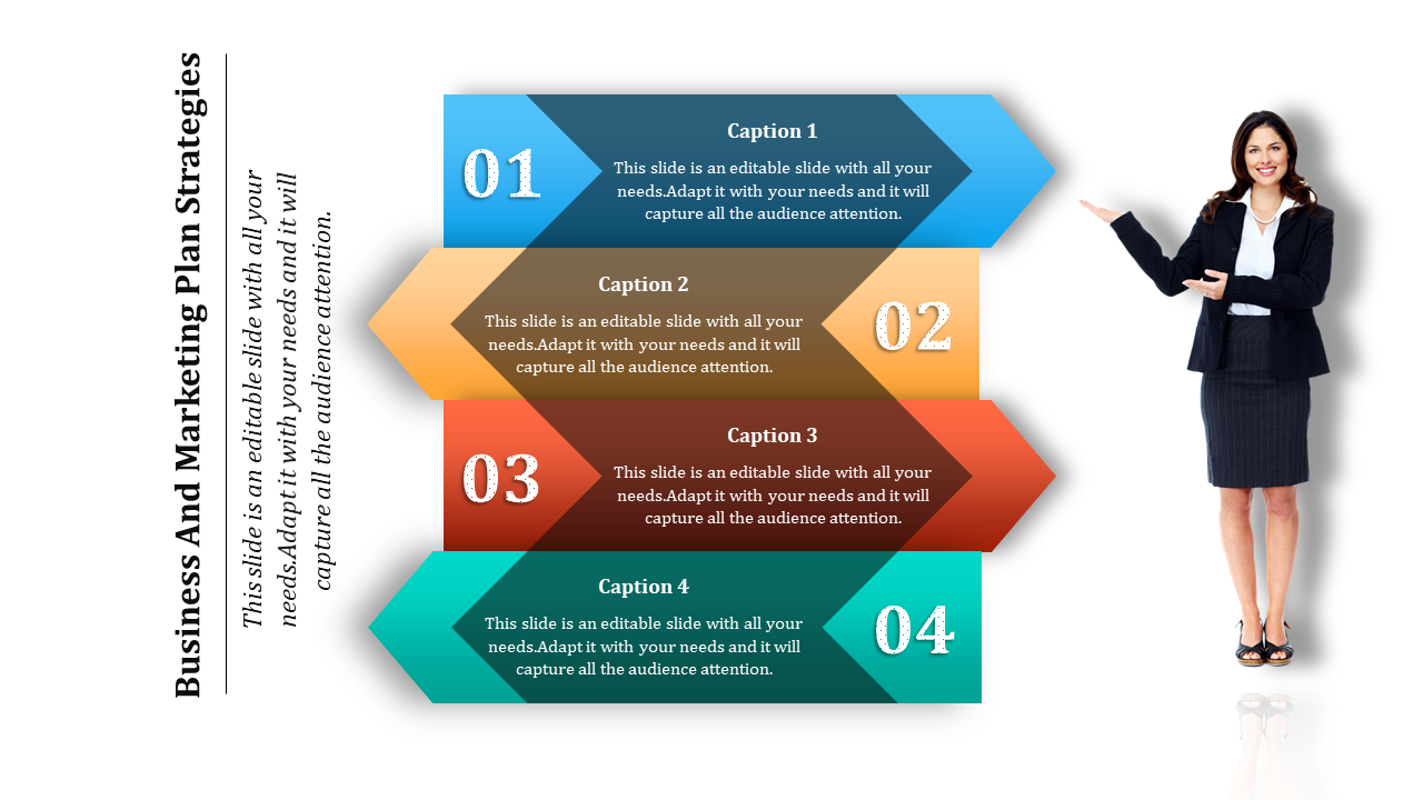 Four colorful arrow shaped sections labeled 01 to 04 with captions, alongside a businesswoman pointing.