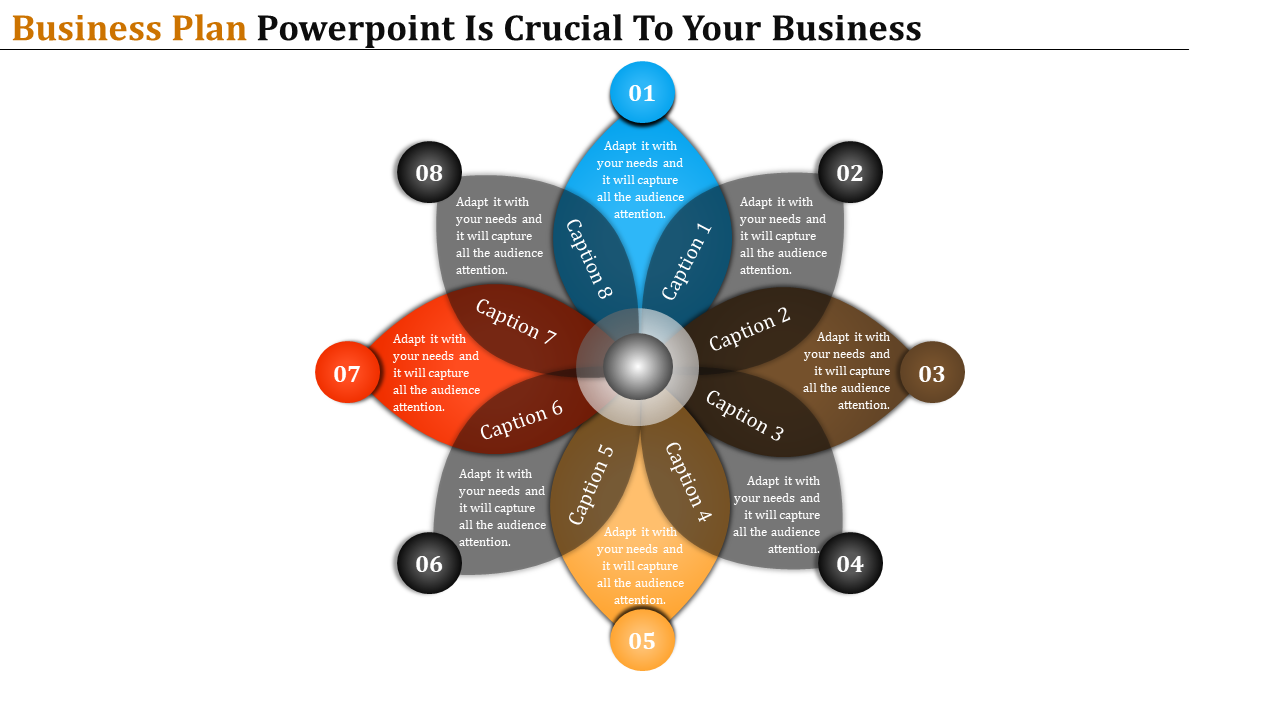 Business plan PowerPoint slide showcasing an eight step circular design with captions for each stage in vibrant colors.