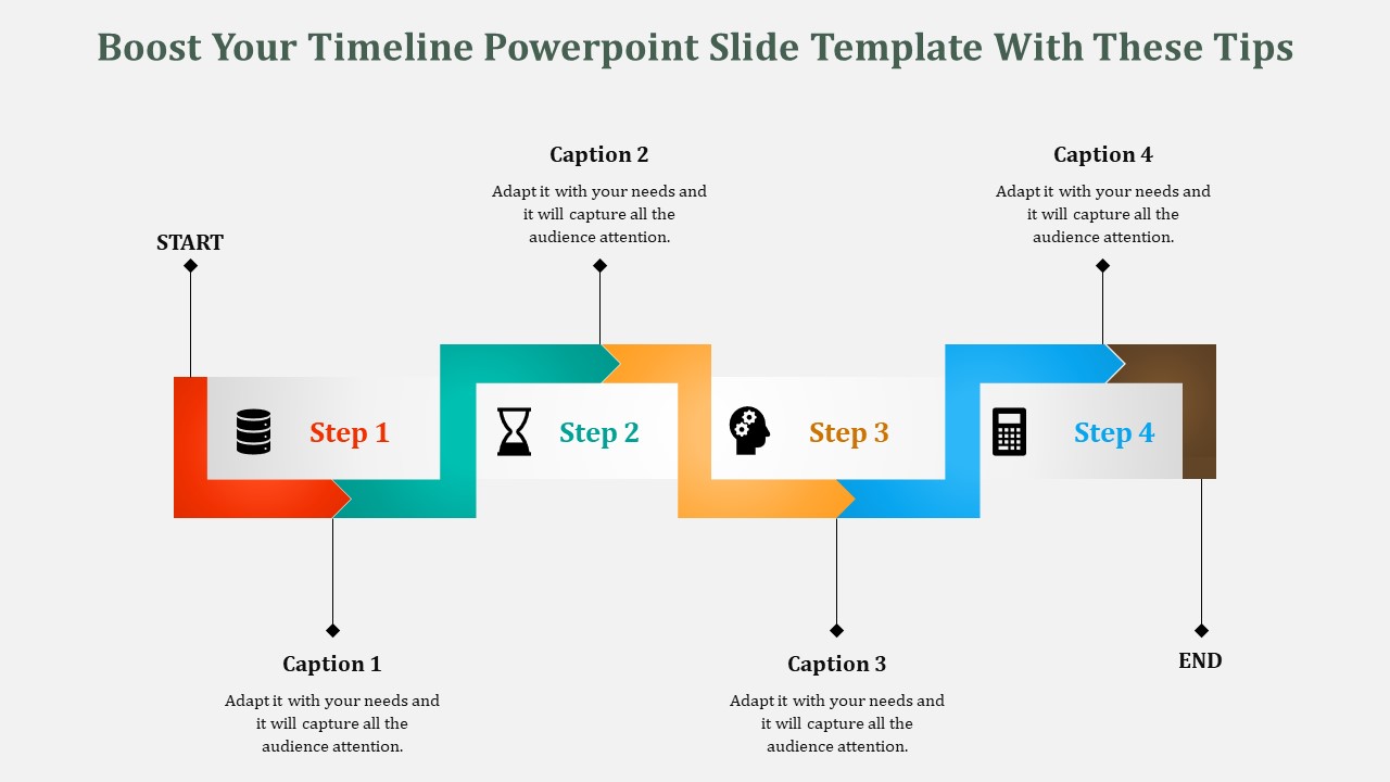 Timeline PowerPoint slide with four steps, each represented by icons and accompanied by caption sections.