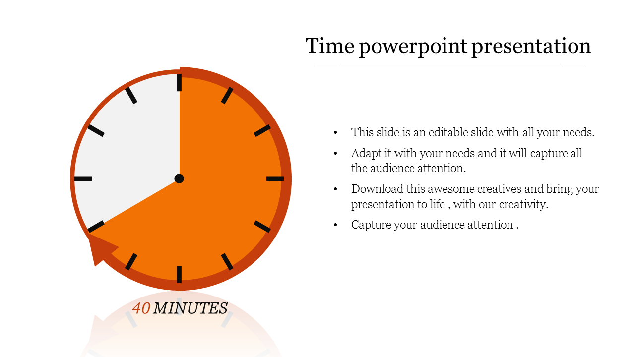 Illustration of a clock with a 40-minute segment in orange, with descriptive text in bullet points.